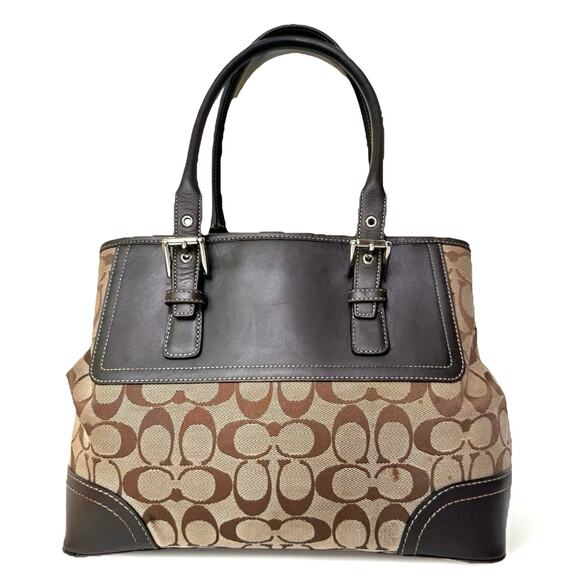 Coach Hampton Signature C Satchel Brown Jacquard Leather Trim Silver Y2K Preppy - Picture 1 of 16